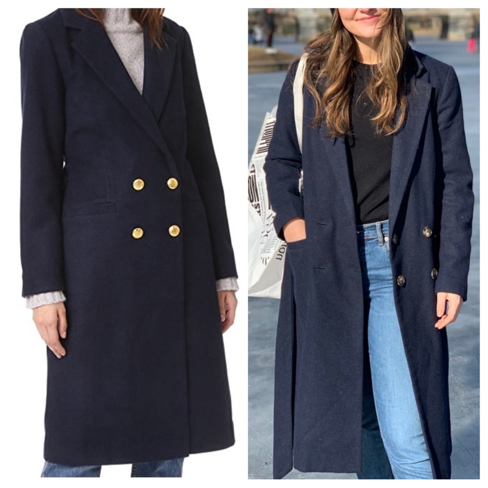 Ganni Double-Breasted Navy Wool Trench Coat with Gold Buttons